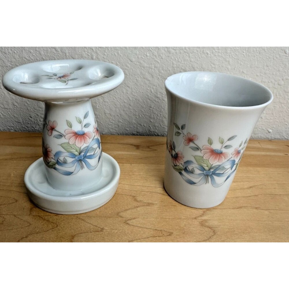 Vintage Princess House Japan Porcelain Bathroom Set Toothbrush Holder & Tumbler